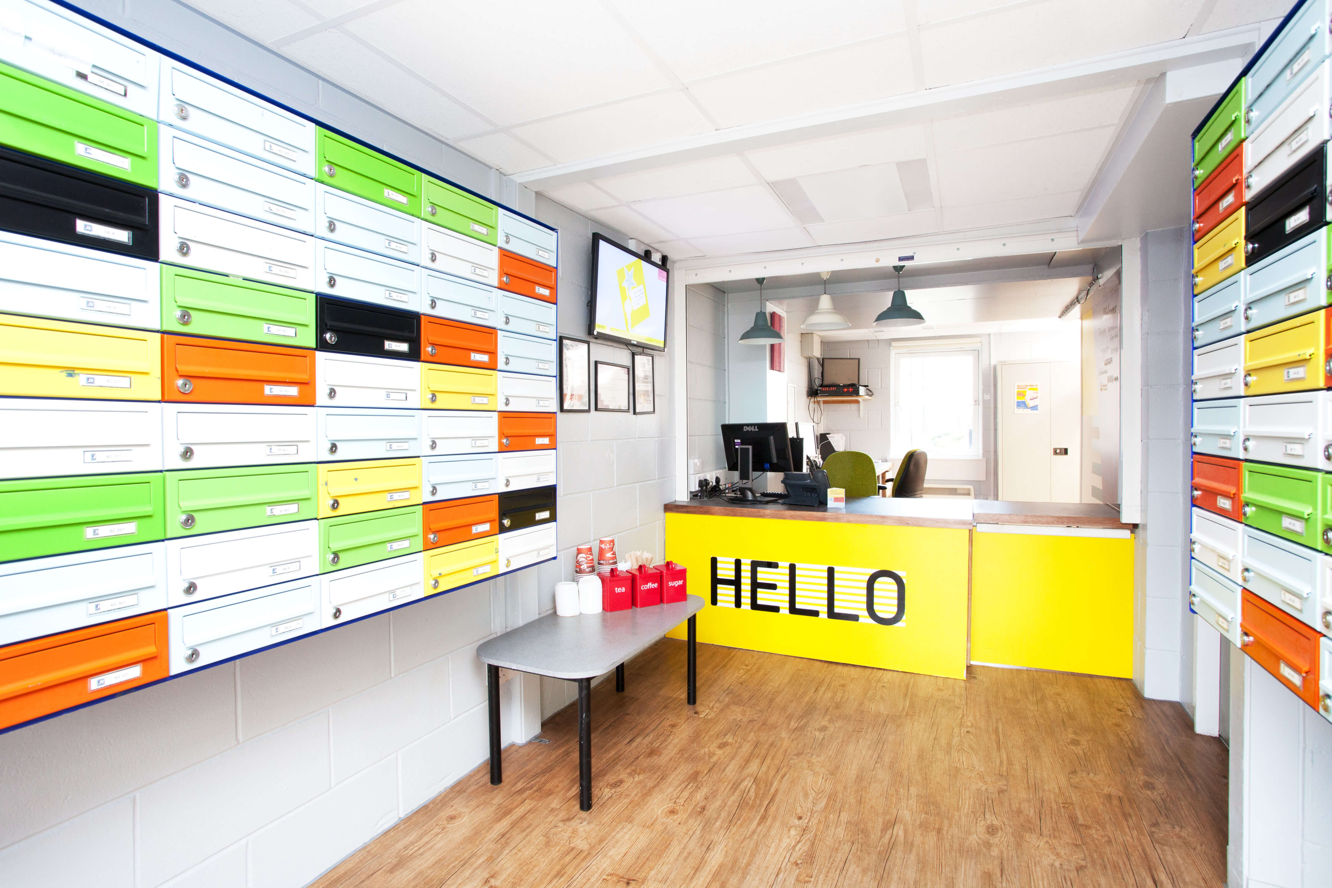 Reception desk with post boxes