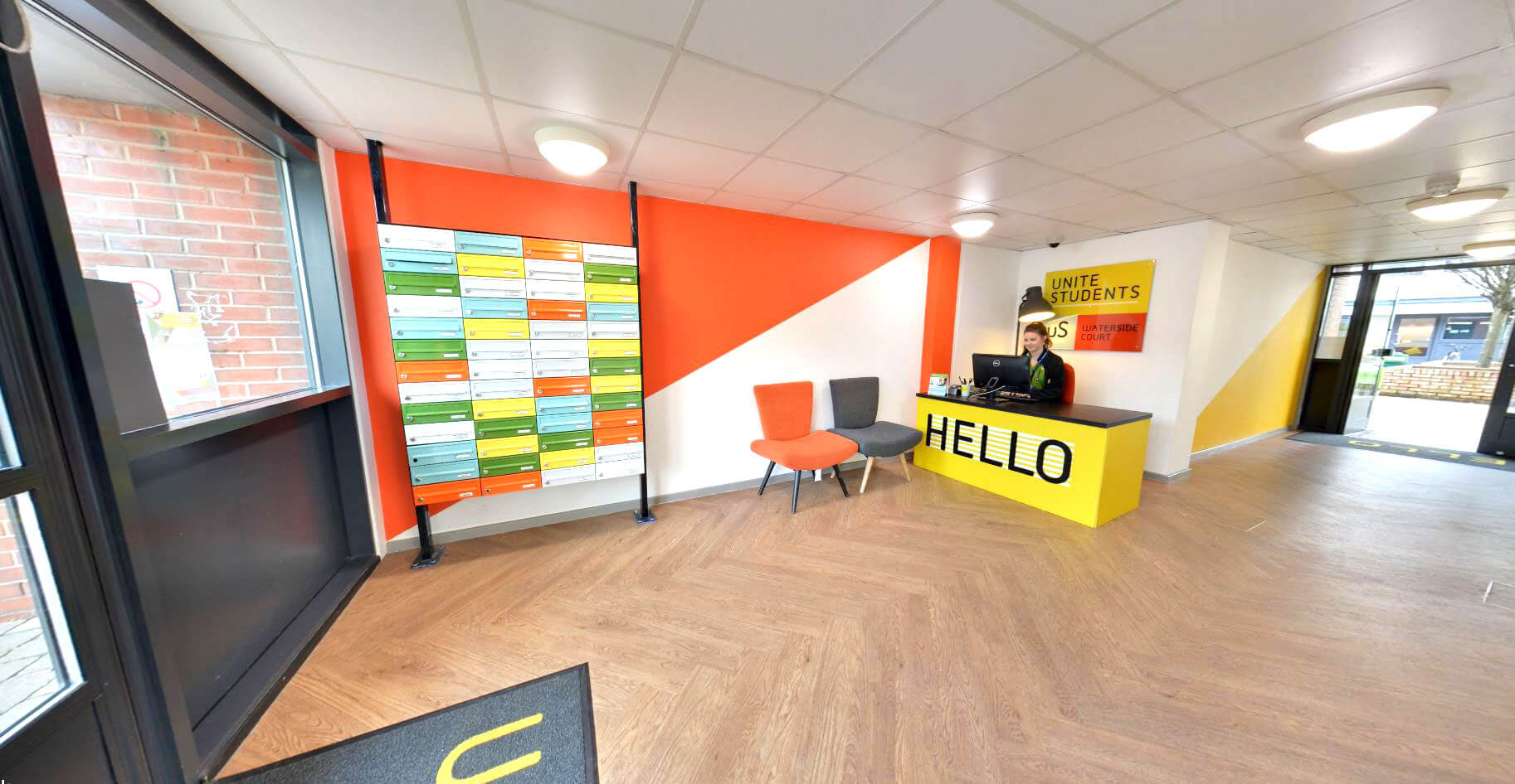 Reception desk with post boxes