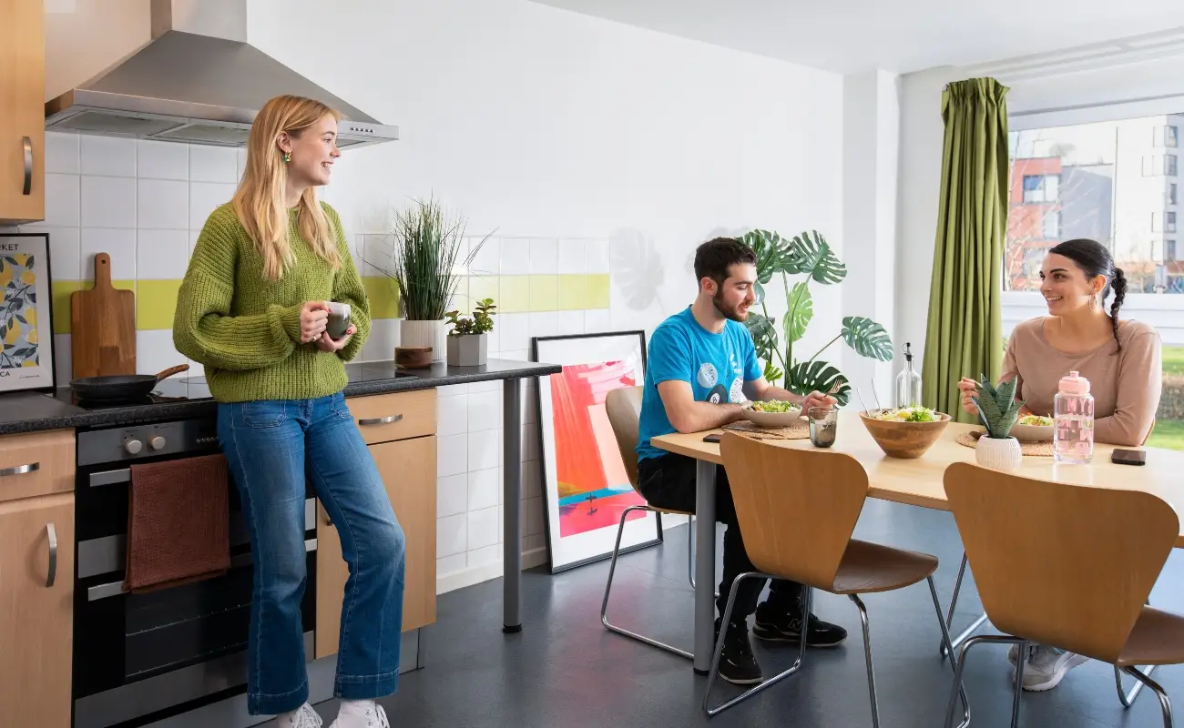 Students in a shared kitchen