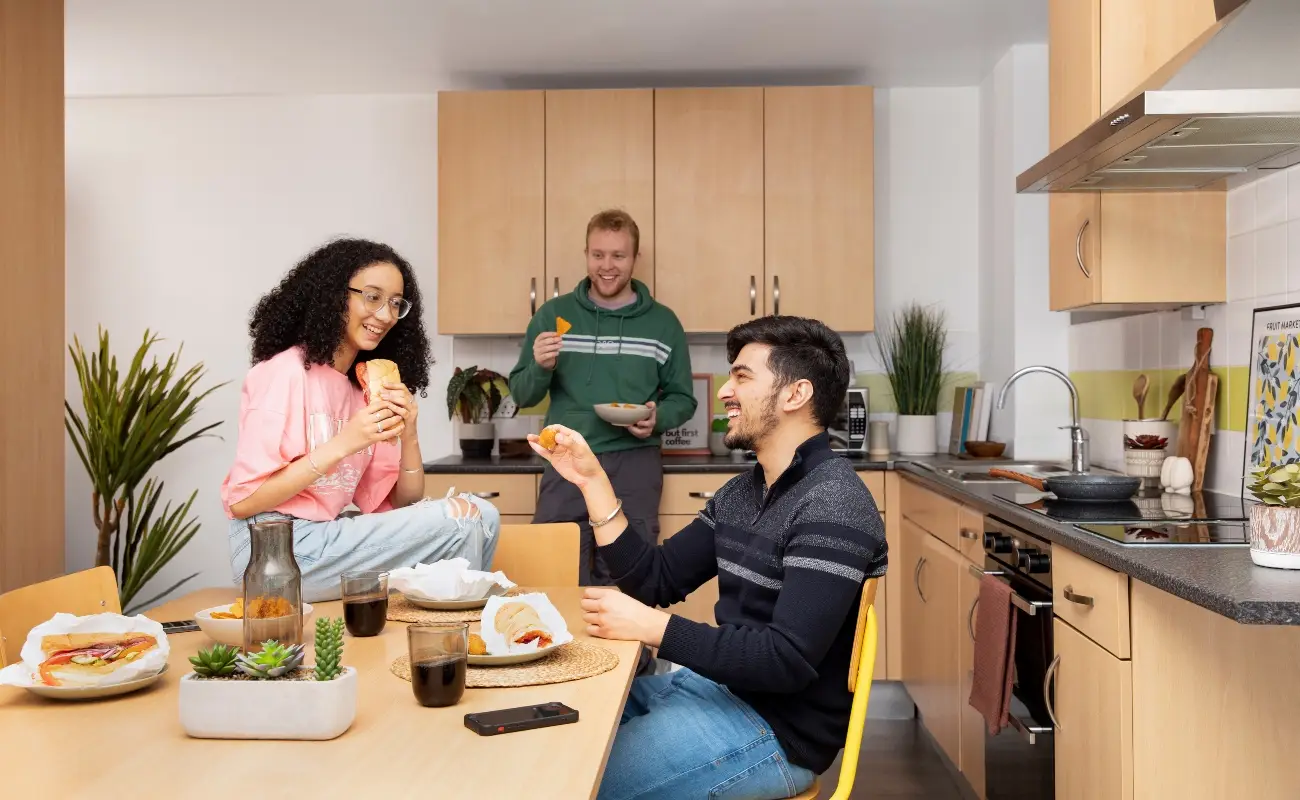 Students in a shared kitchen