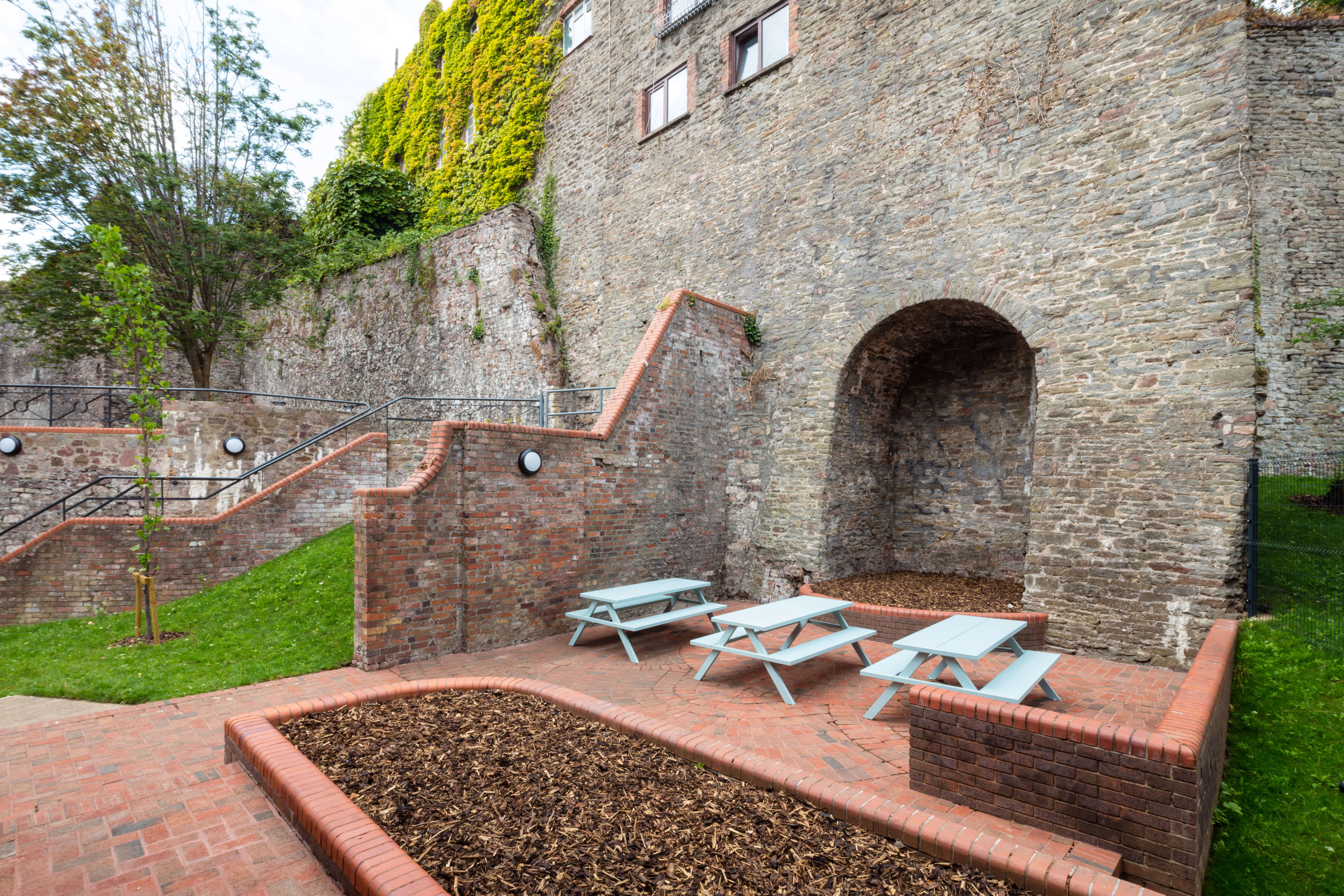 Benches outside in a courtyard
