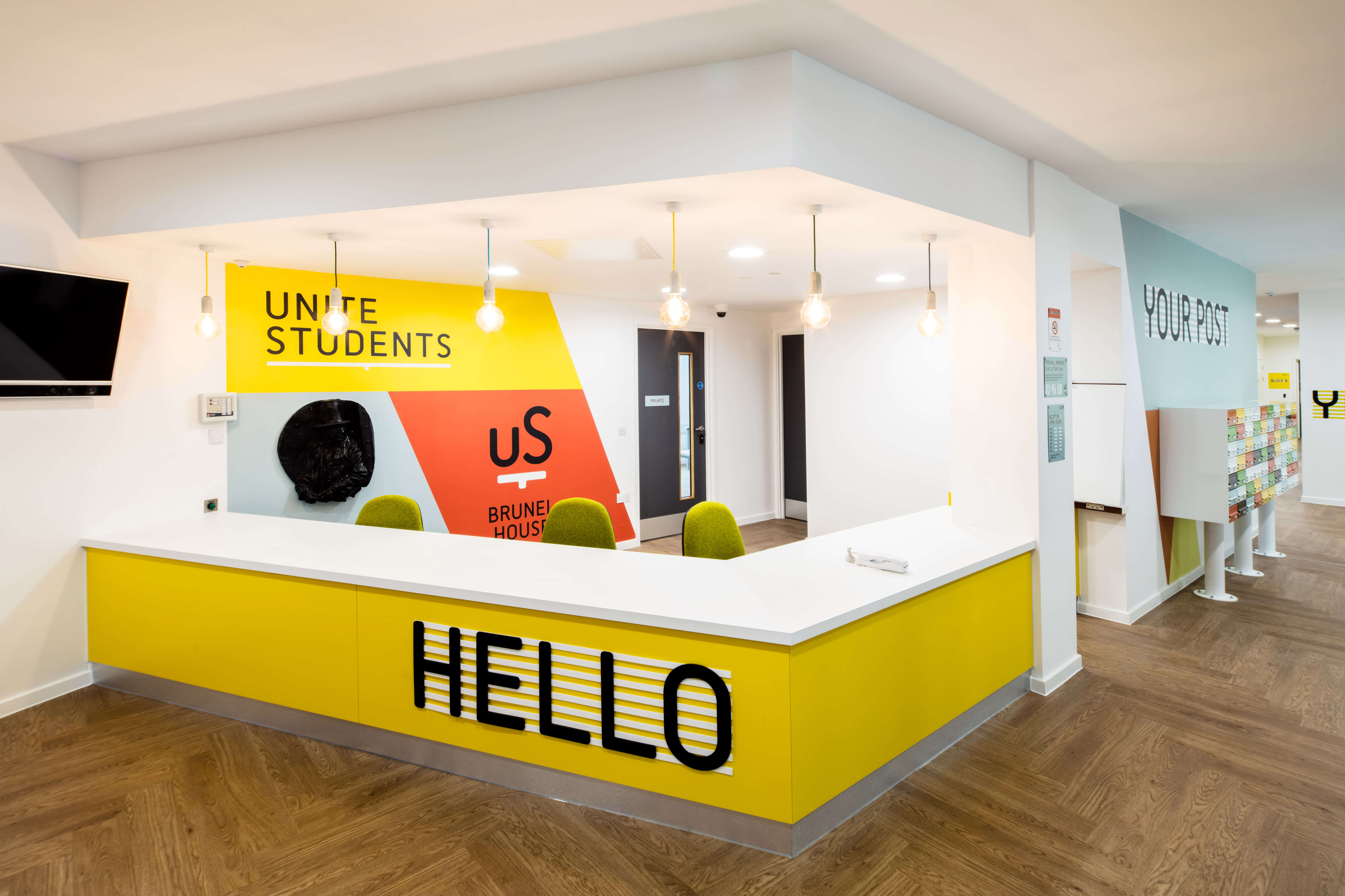 Reception desk with post boxes