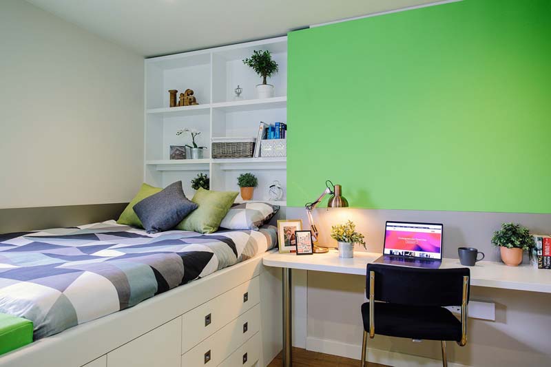 Basic Studio room bed and study space at Catherdral Park in Bristol, Unite Students accommodation