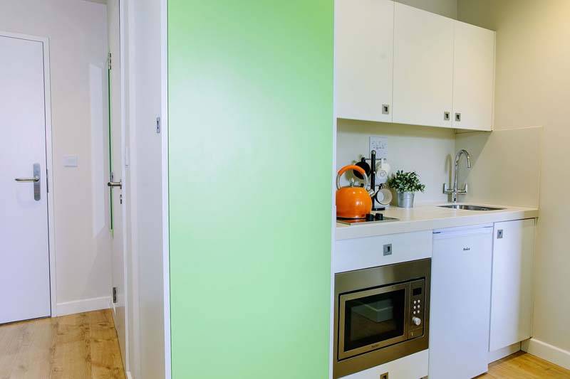 Kitchen in a Basic Studio room at Catherdral Park in Bristol, Unite Students accommodation