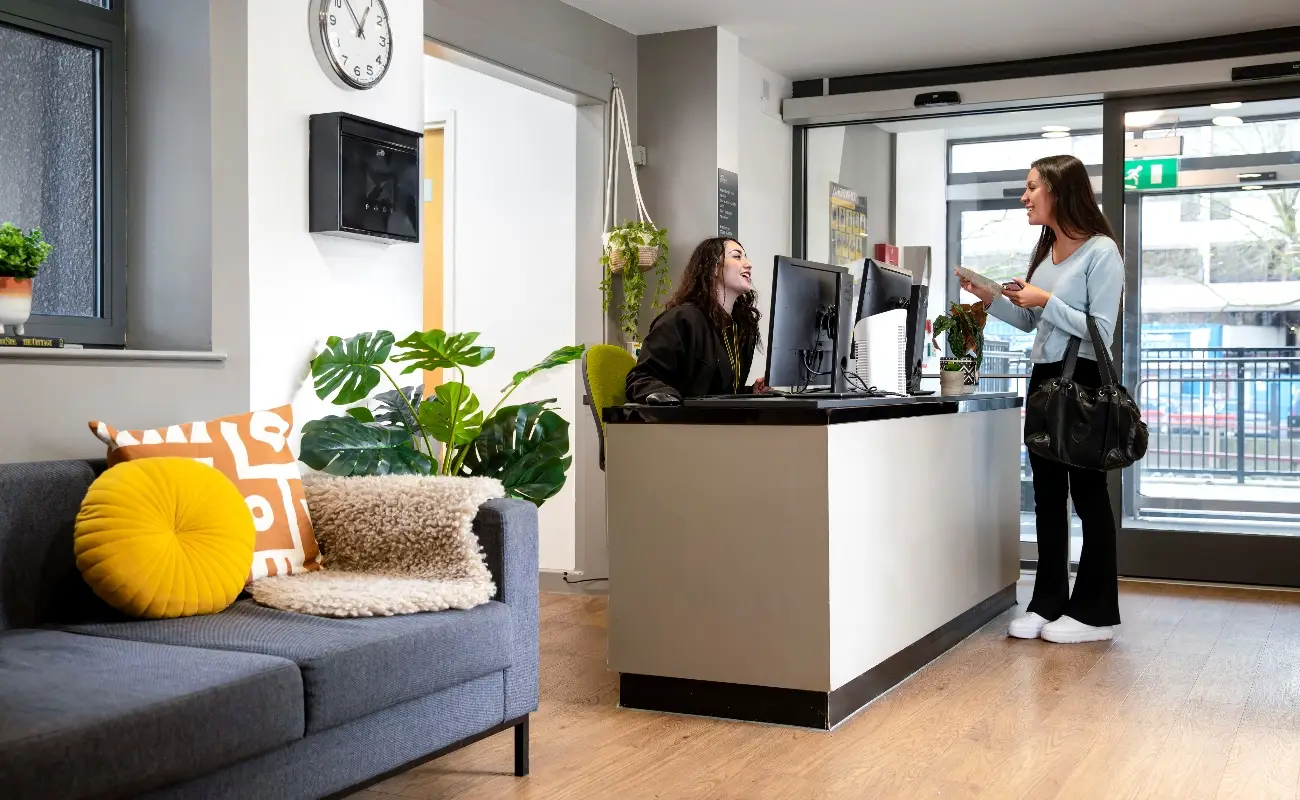 Student in the reception area