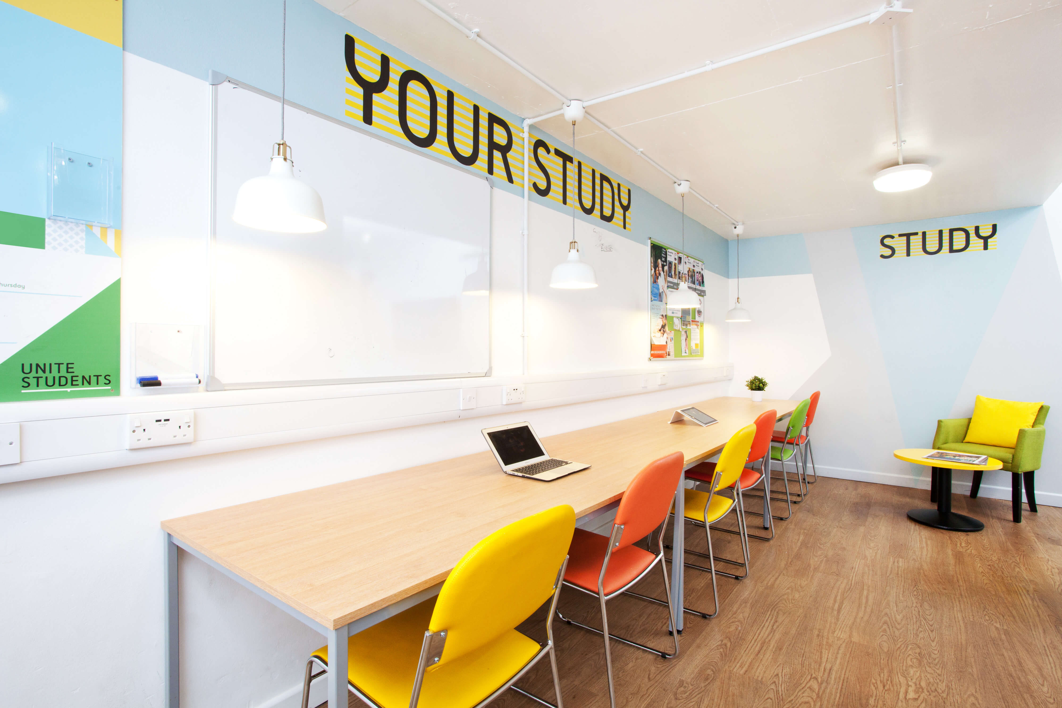 Desk and chairs in study room