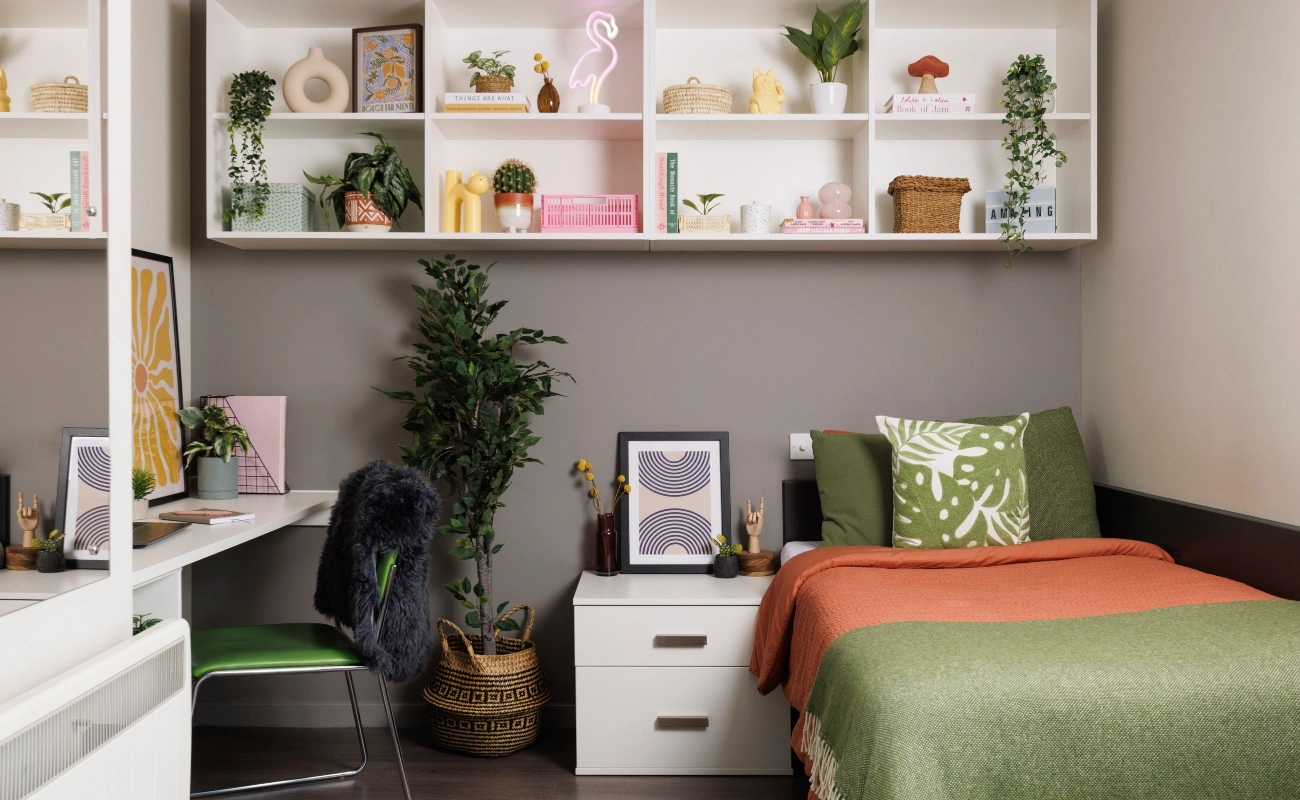 Bed and study space in a Twin Studio