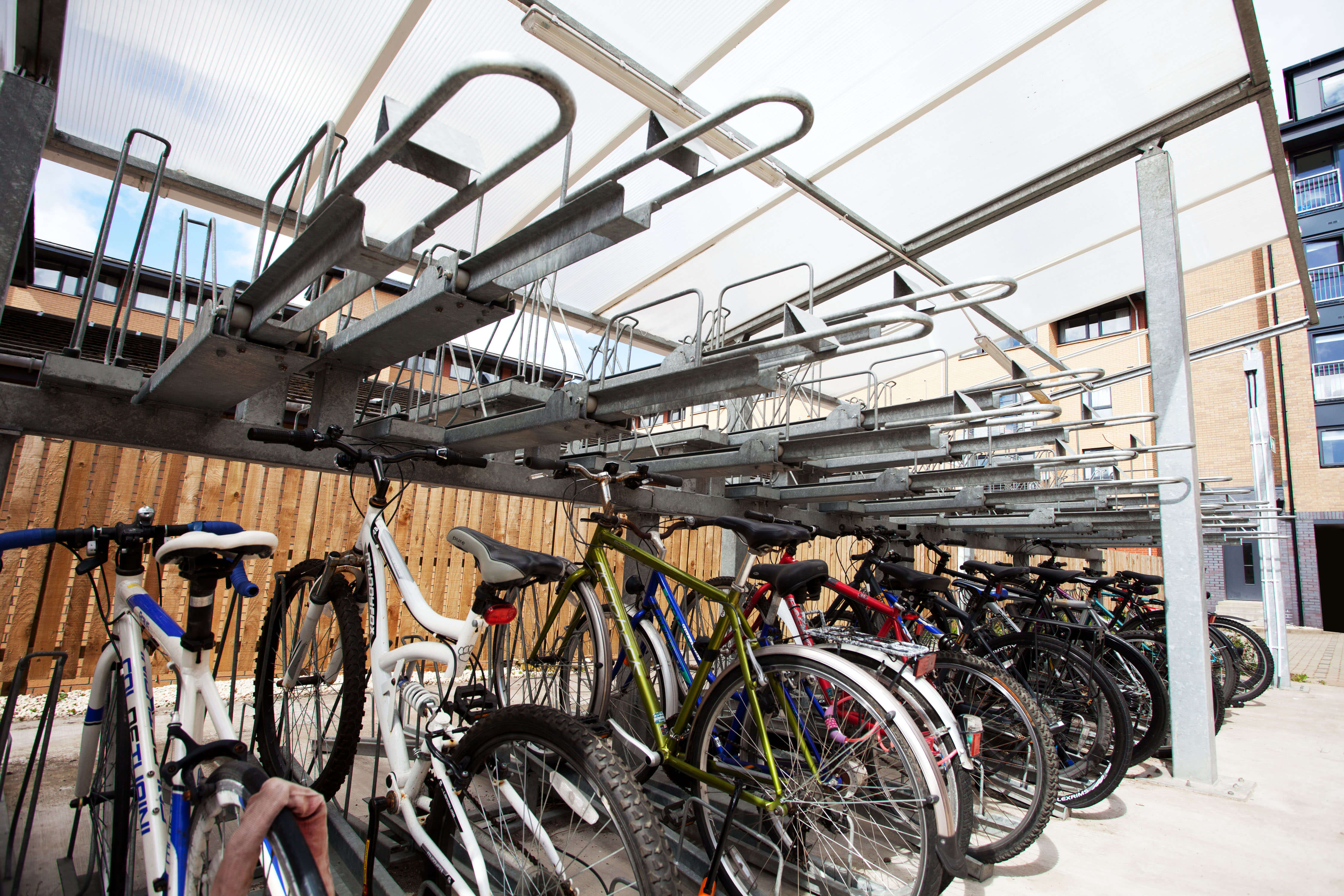 Bikes on racks in a shed