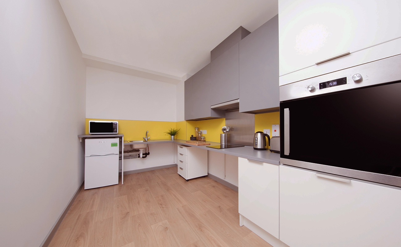 Accessible studio kitchen with lowered worktop and side opening over