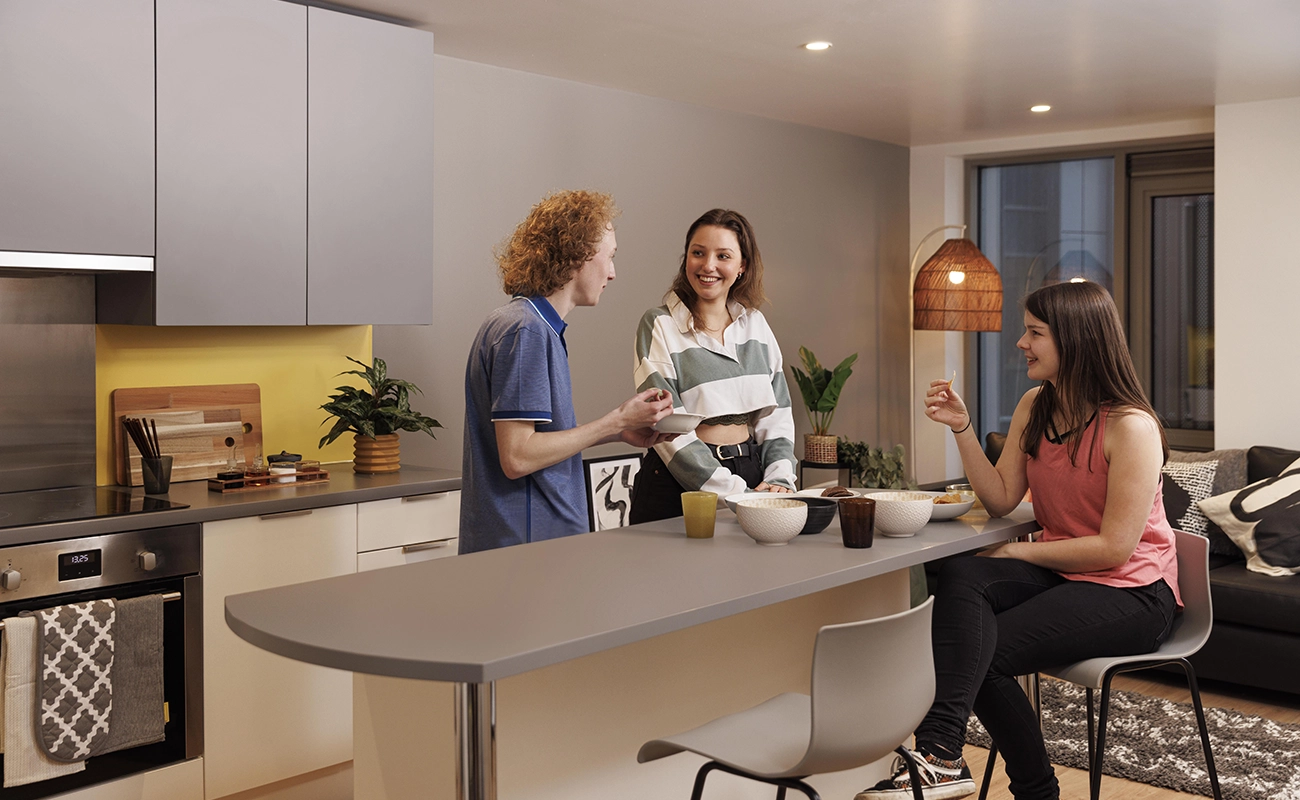 Students in the shared flat kitchen