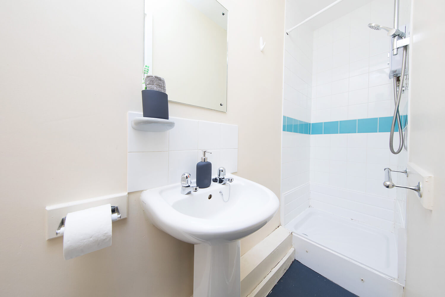 Student accommodation bathroom sink and shower in Liverpool