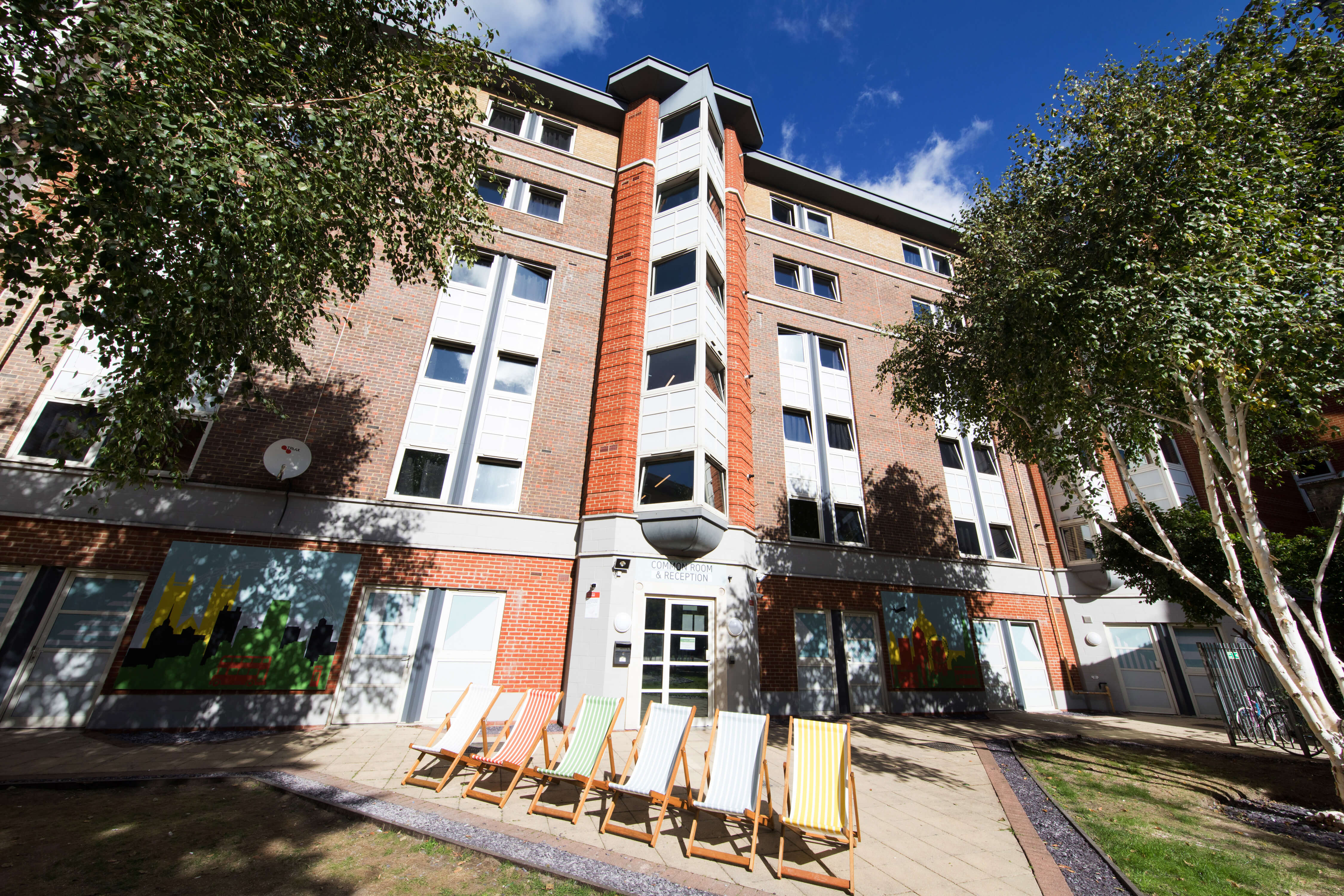 Outdoor courtyard with deck chairs