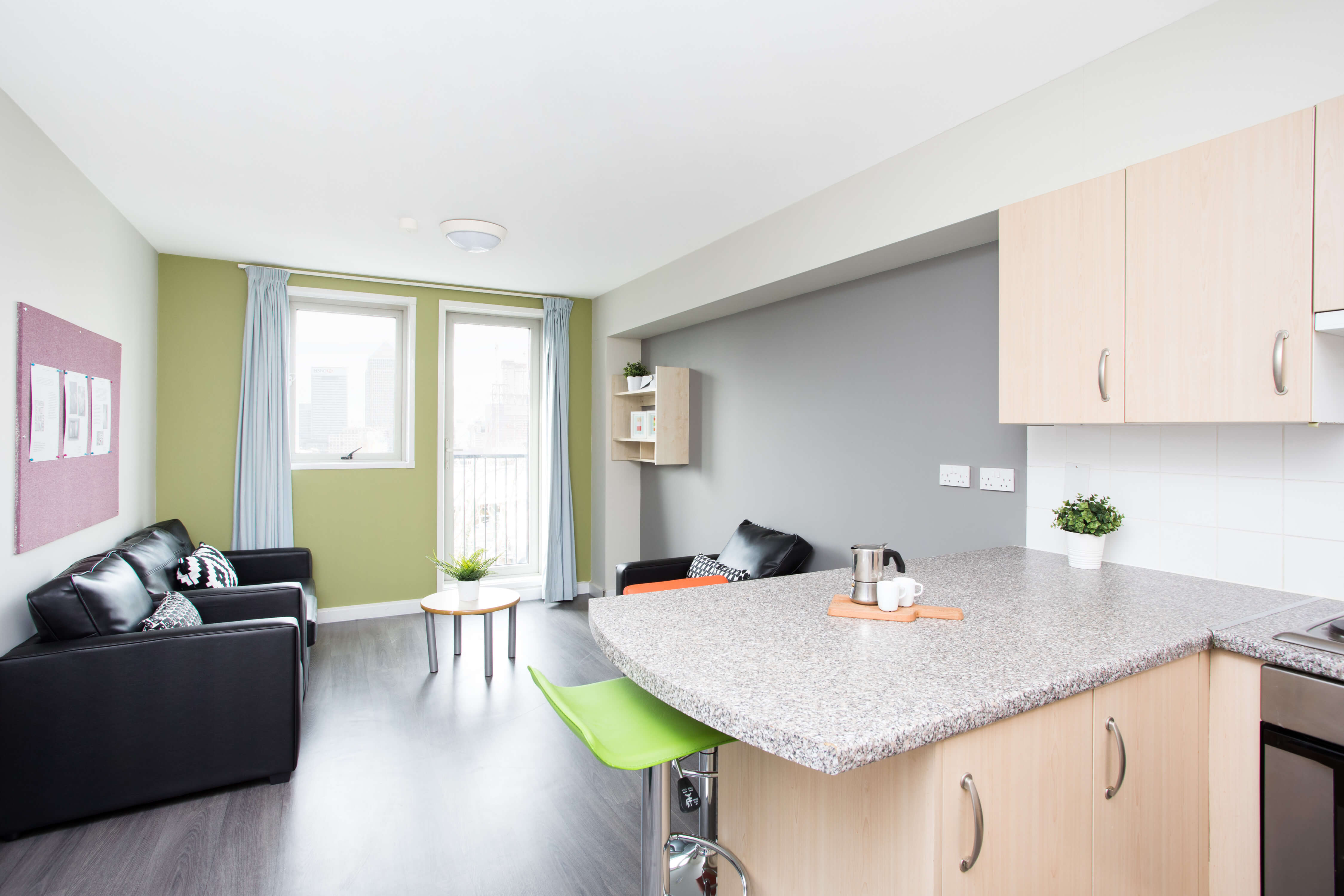 Sofas and kitchen breakfast bar