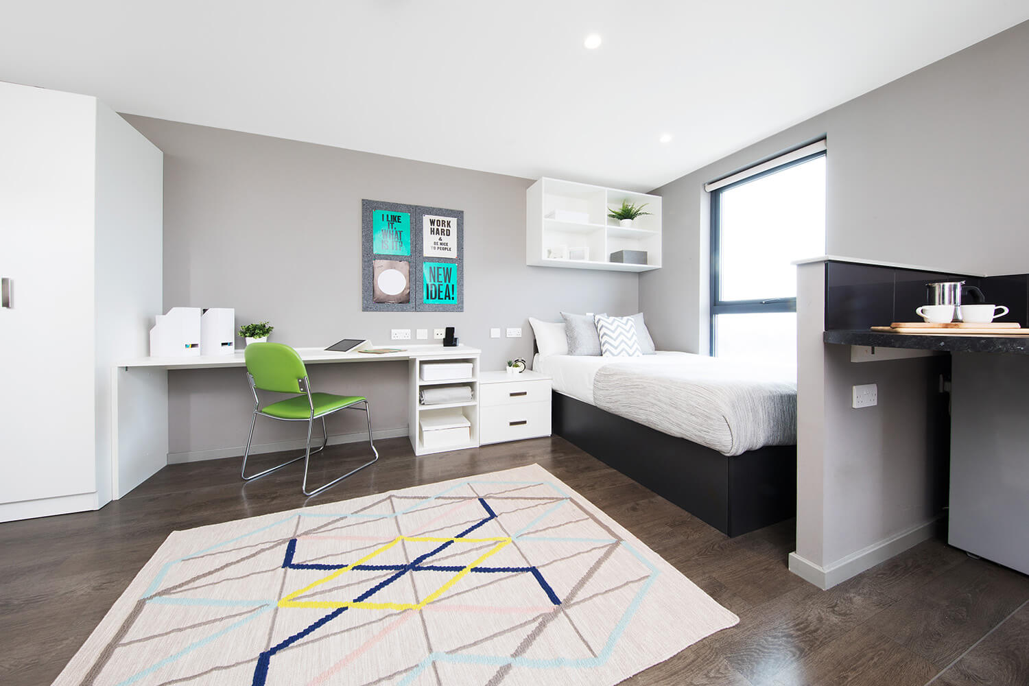 Student accommodation London bed and study space in a studio room at St Pancras Way