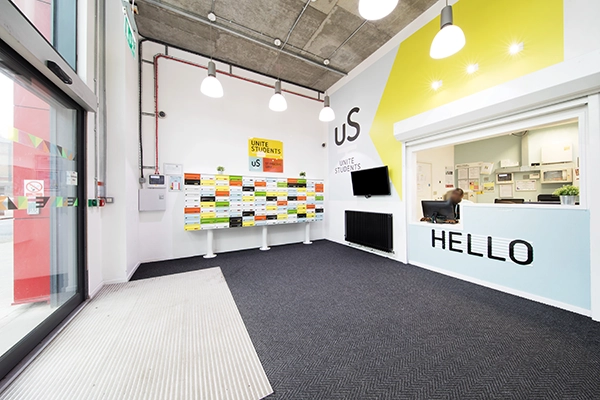 Student accommodation London reception desk and entrance at St Pancras Way