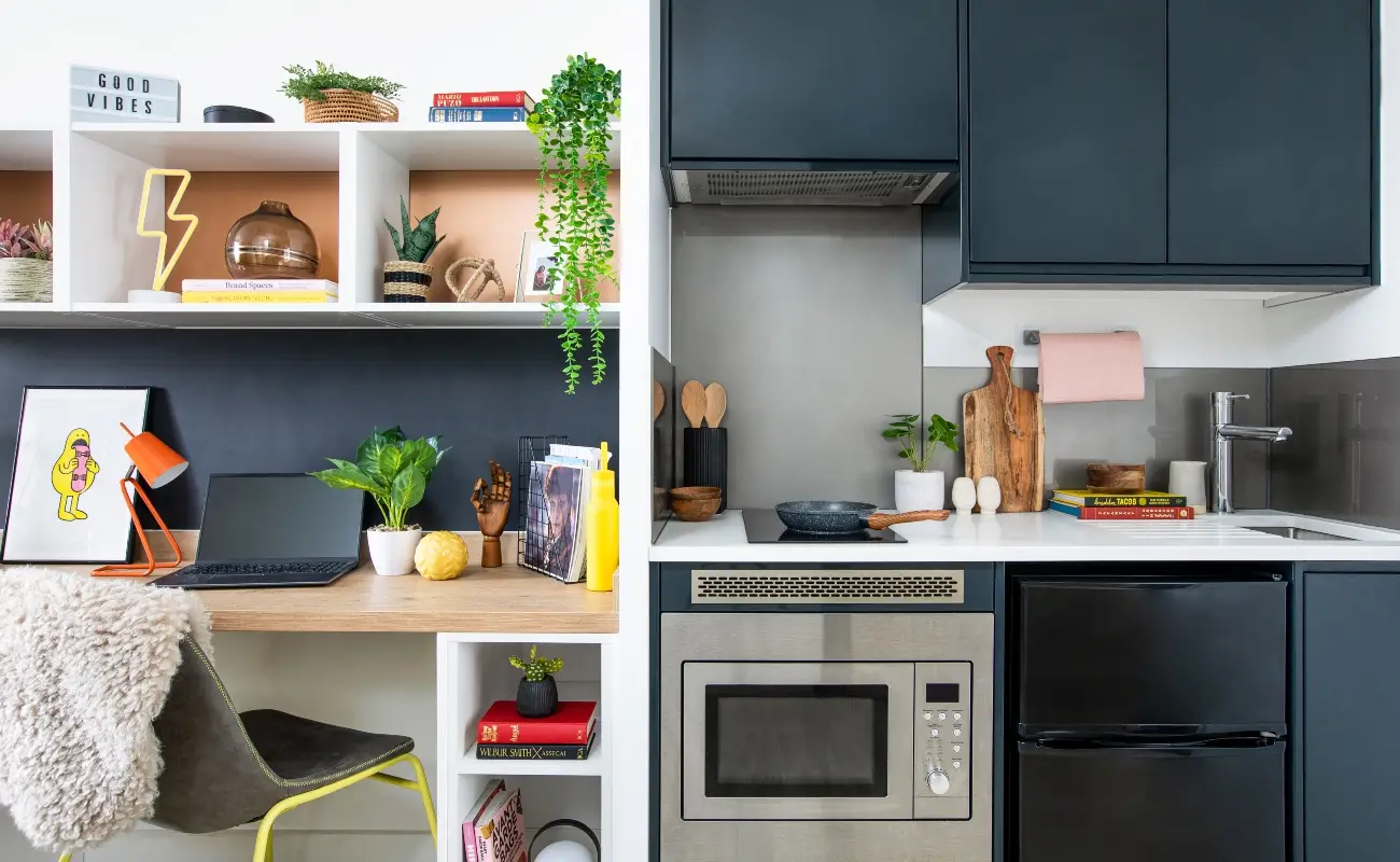 Study space and kitchen in an Accessible Studio Classic