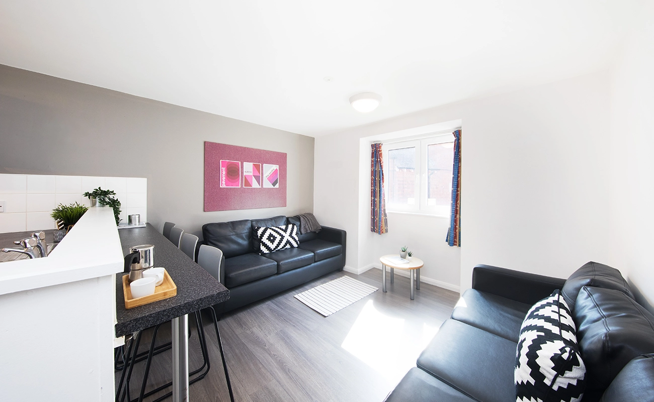 Seating area in a shared kitchen for ensuite rooms