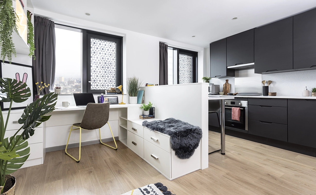 Study space and kitchen in a Studio Premium Range 2