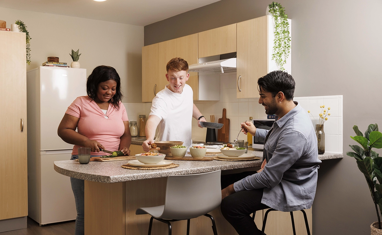 Students in a shared kitchen