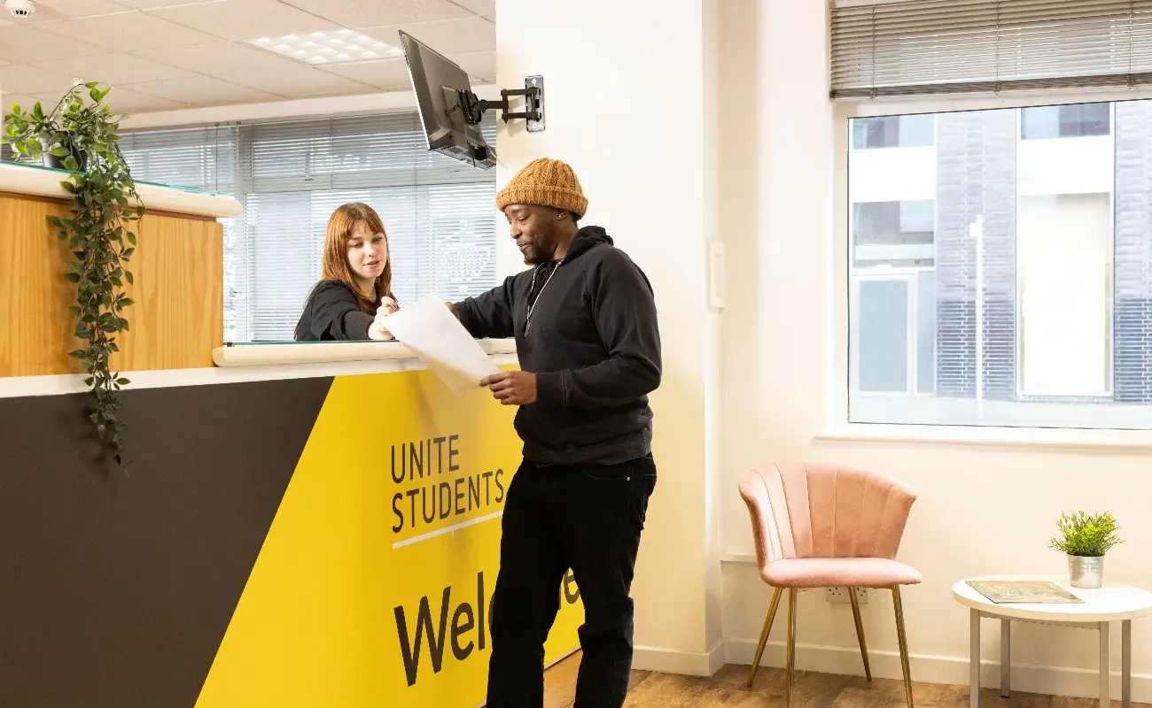 Student in the reception area
