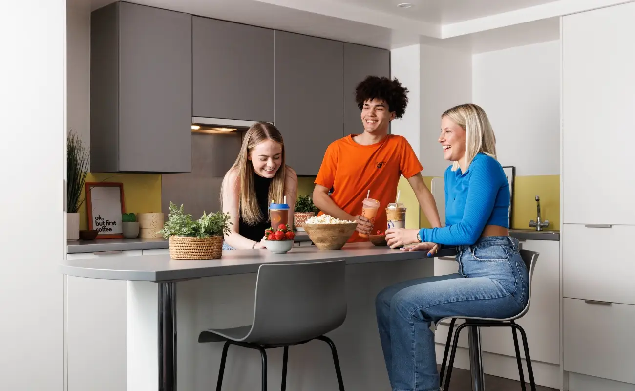 Students in a shared kitchen