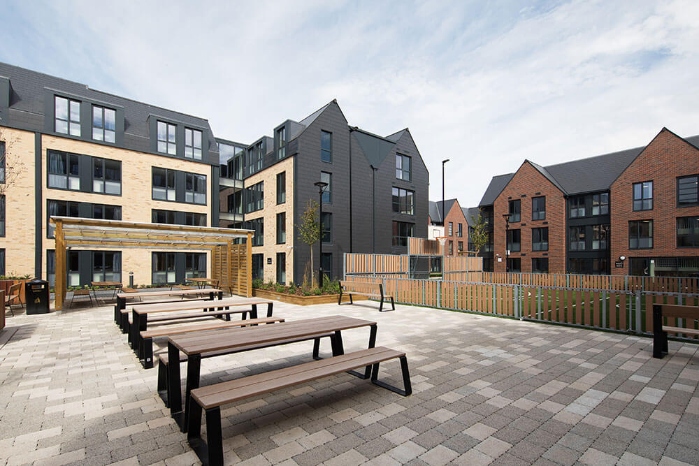 Outdoor seating area at Unite Students Parade Green